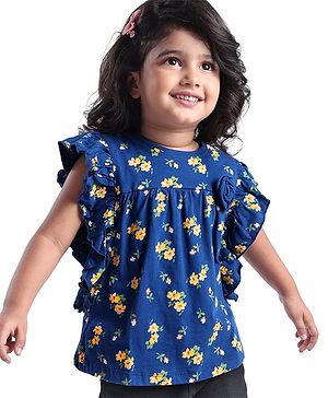 Babyhug Cotton Knit Half Sleeves Top With Floral Print and Frills Detailing - Blue