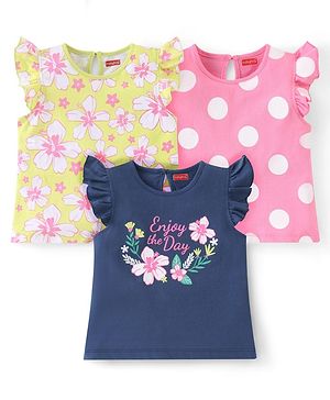 Babyhug Cotton A-Line Frill Sleeves Tops With Floral Graphics & Polka Dot Print Pack of 3 - Navy Pink & Yellow