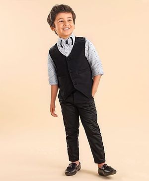 Babyhug Cotton Woven Full Sleeves Party Suit  with Bow  Polka Dots Print -  White & Black