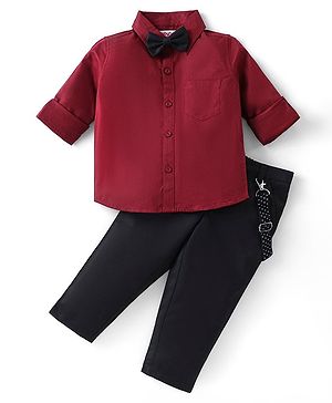 Babyhug Full Sleeves Party Wear Dobby Shirt & Trousers Set with Bow & Suspender - Maroon