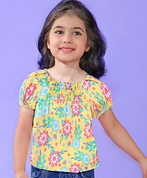 Babyhug Cotton Knit Half Sleeves Top with Smocking Detailing & Floral Print - Yellow