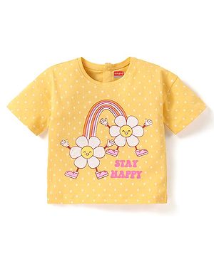 Babyhug Cotton Knit Crop T-Shirt with Drop Shoulder Half Sleeves in Floral Graphics - Yellow