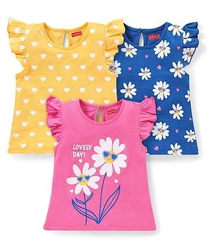 Babyhug Cotton Frill Sleeves Tops With Hearts Graphics Pack of 3 - Multicolor