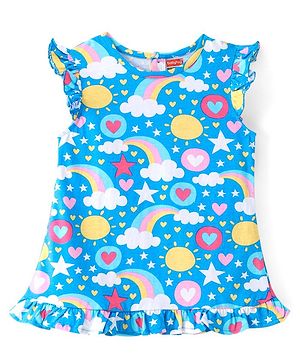 Babyhug Single Jersey Knit Frill Sleeves Nighty with Rainbow & Star Print - Blue