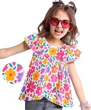 Babyhug Cotton Knit Cap Sleeves Top with Floral Print  - White