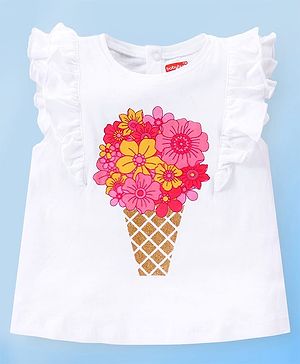 Babyhug Cotton Knit Frill Sleeves Floral Bouquet Printed Top with Frill Detailing - White