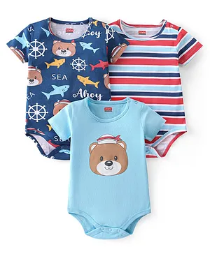 Babyhug 100% Cotton Knit Half Sleeves Striped & Bear Printed Onesies  Pack of 3 - Multicolour