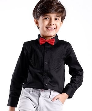 Babyhug Cotton Lycra Woven Full Sleeve Solid Shirt with Bow Applique - Black