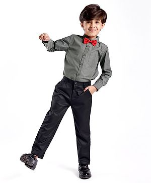 Babyhug Cotton Knit Full Sleeves Striped Shirt & Trouser With Bow - Black