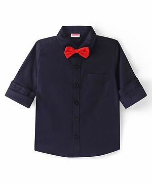 Babyhug Cotton Woven Full Sleeves Party Shirt Solid Colour with Bow - Navy Blue