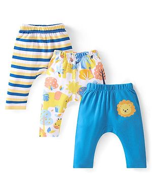 Babyhug Cotton Interlock Knit Full Length Diaper Leggings Stripes & Animal Print Pack Of 3 - Multicolor