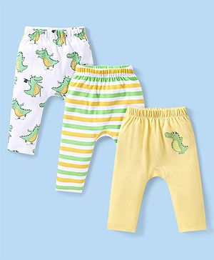 Babyhug Interlock Knit Full Length Diaper Pants Striped & Dino Print Pack of 3 - Multicolour