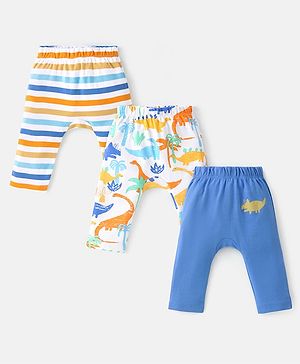 Babyhug Cotton Knit  Full Length Striped Diaper Leggings with Animal Print Pack of 3 - Multicolour