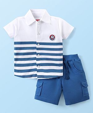 Babyhug Cotton Knit Half Sleeves Striped Shirt & Shorts Set - White & Blue