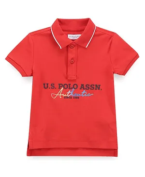 US Polo Assn Cotton Knit Half Sleeves Polo T-Shirt with Text Print - Red