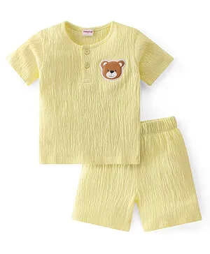 Babyhug Cotton Knit Crinkled Crepe Half Sleeves T-Shirt & Shorts Set with Bear Patch - Yellow