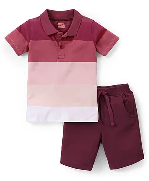 Babyhug Single Jersey Knit Half Sleeves Color Blocked Polo T-Shirt & Shorts Set - Multicolor & Maroon