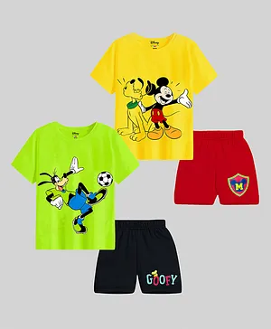 KUCHIPOO Mickey & Friends Featuring Pack Of 2 Half Sleeves Characters Printed Tees & Shorts Set - Green Black Yellow & Red