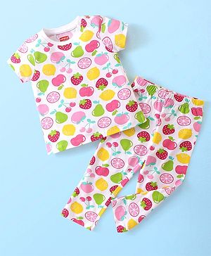 Babyhug Single Jersey Knit Half Sleeves Fruits Printed Night Suit - White