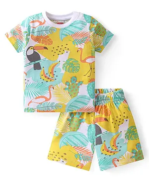 Babyhug Cotton Knit Half Sleeves Night Suit With Tropical Theme - Multicolor