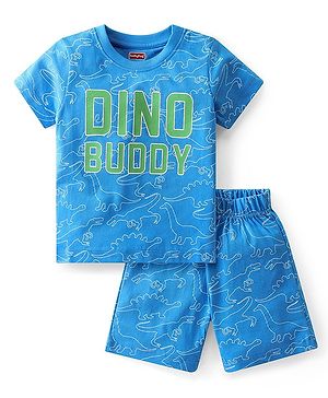 Babyhug Single Jersey Knit Half Sleeves Night Suit With Dino Print - Blue