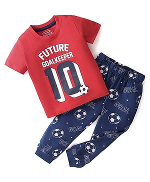 Babyhug Single Jersey Knit Half Sleeves Night Suit with Football Print - Red & Navy Blue