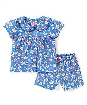 Babyhug Cotton Half Sleeves Night Suit With Floral Print - Blue