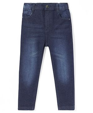 Babyhug Cotton Knit Full Length Denim Washed Jeans with Stretch Solid Colour - Dark Blue