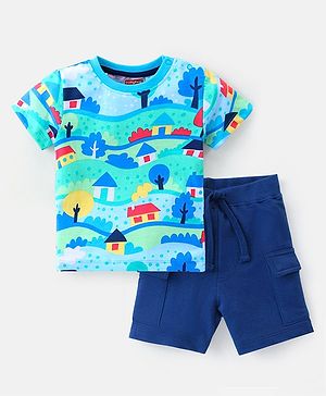 Babyhug Single Jersey Knit Half Sleeves T-Shirt & Shorts Set with Tree Print - Multicolour