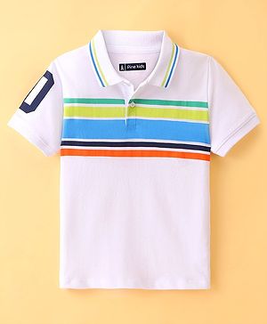 Pine Kids Half Sleeves Polo Striped  T-Shirt - White