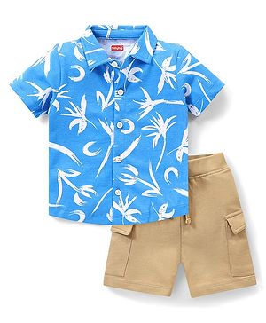 Babyhug Single Jersey Half Sleeves Shirt & Shorts Set Leaf Print - Blue & Beige