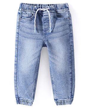 Babyhug Cotton Knit Full Length Denim Washed Joggers with Stretch - Light Blue