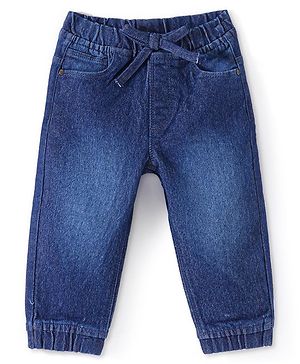 Babyhug Full Length Stretchable Denim Washed Joggers with Bow Detailing  - Navy Blue