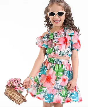 Ollington St. Georgette One Shoulder Flared Top & Skirt Set With Floral Print - Multicolor