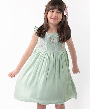 Babyhug Woven Frill Sleeves Floral Embroidery Frock - Mint