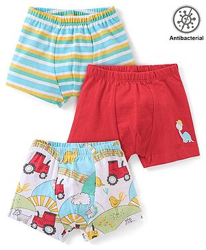 Babyhug 100% Cotton Antibacterial  Above Knee Length Trunk With Dino & Tractor Print Pack Of 3 - Multicolour