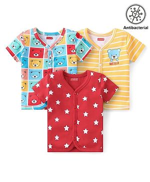 Babyhug 100% Cotton Half Sleeves Vests Star & Bear Print Pack of 3 - Red Yellow & Blue