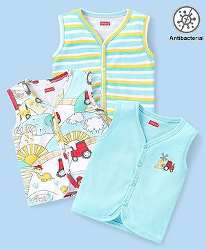 Babyhug 100% Cotton Antibacterial Half Sleeves Vests Dino & Vehicle Print Pack of 3 - Blue