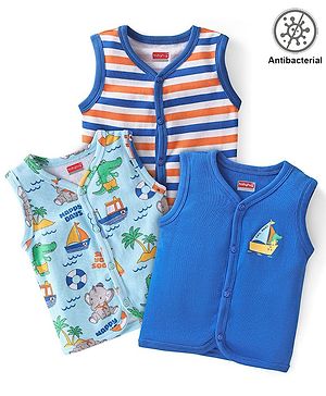 Babyhug 100% Cotton Antibacterial  Sleeveless Vests Striped & Animal Print Pack of 3 - Multicolour