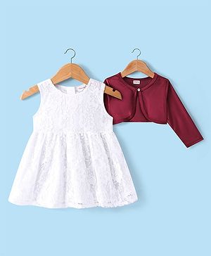 Babyhug Woven Frock with Full Sleeves Jacket Floral Embroidery - White