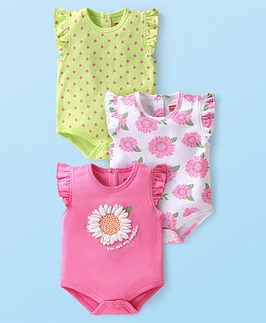 Babyhug 100% Cotton Knit Frill Sleeves Polka Dots & Floral Printed Onesies Pack of 3 - Multicolour