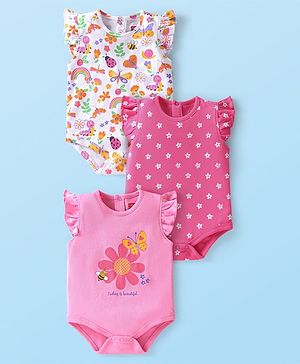 Babyhug 100% Cotton Knit Frill Sleeves Floral & Bugs Printed Onesies Pack of 3 - Pink & White