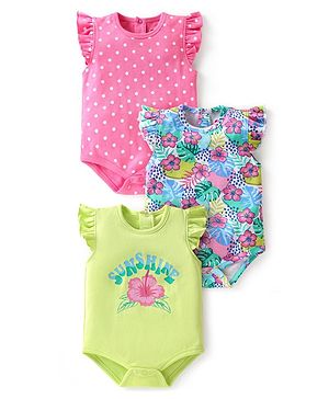 Babyhug 100% Cotton Frill Sleeves Polka Dots & Floral Printed Onesies Pack of 3 - Multicolour