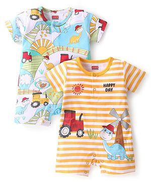 Babyhug 100% Cotton Knit Half Sleeves Romper With Dino Print Pack of 2  - Multicolor