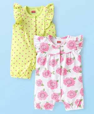 Babyhug 100% Cotton Knit Half Sleeves
                              Rompers Polka Dot and Floral Print Pack of
                              2 - White & Green