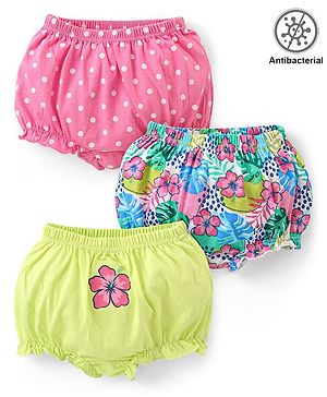 Babyhug 100% Cotton Antibacterial Bloomers Polka Dots and Floral Print Pack of 3 - Pink & Green