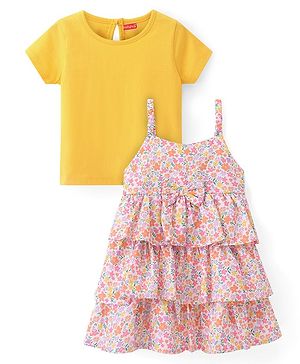 Babyhug Woven Floral Printed Layered Frock with Half Sleeves T-Shirt - Multicolor