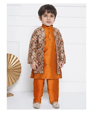 AJ Dezines Raw Silk Full Sleeves Motif Printed Sherwani Set - Rust Orange