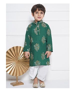 AJ Dezines Pure Cotton Full Sleeves Floral Printed Kurta With Coordinating  Dhoti Set - Green