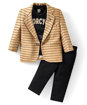 Dapper Dudes Full Sleeves Striped Blazer With Text Printed Tee & Pant - Fawn